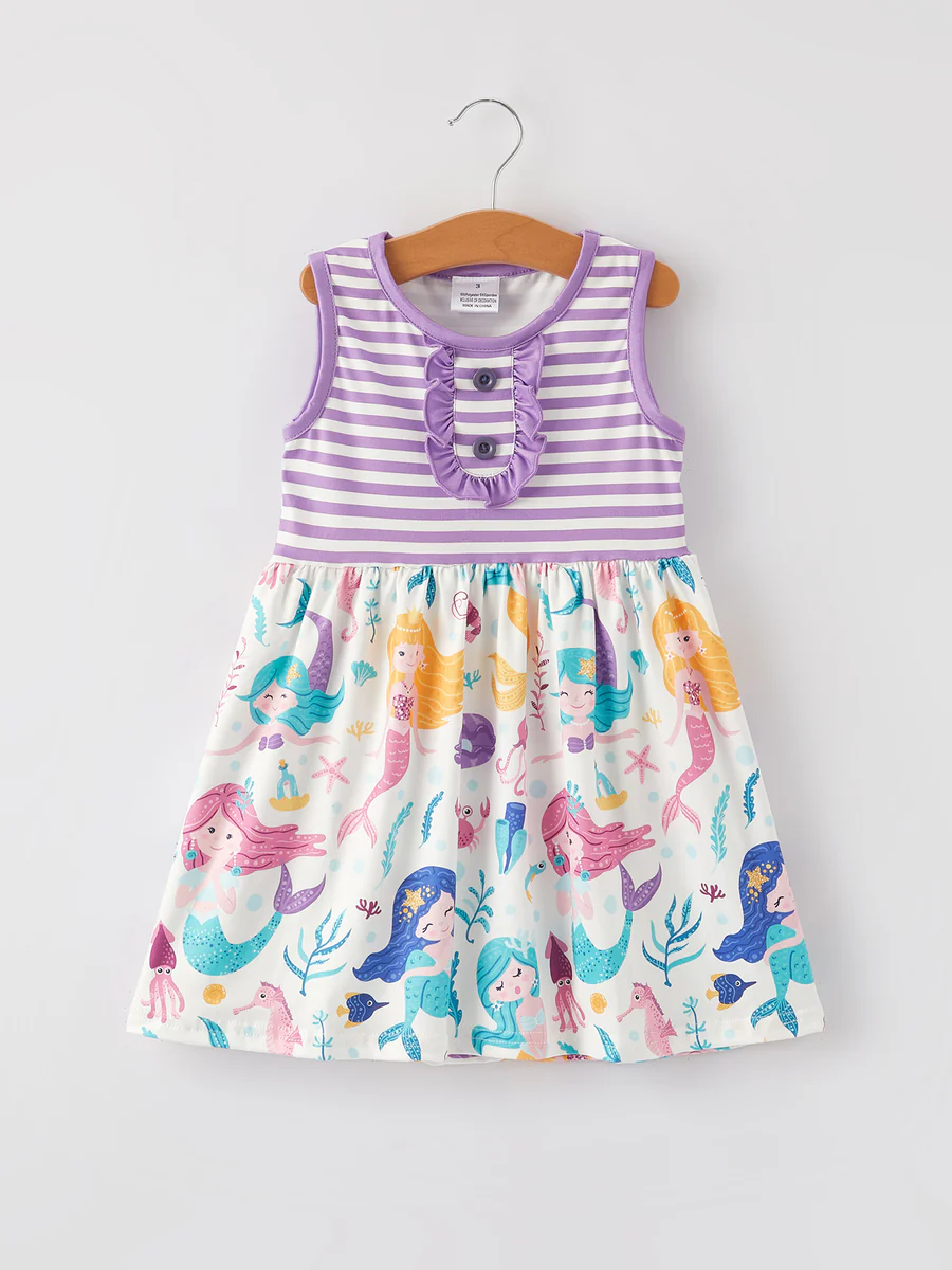 (Custom Design Preorder MOQ 5) Mermaid Print Girls Knee Length Dress
