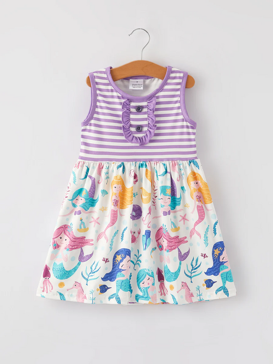 (Custom Design Preorder MOQ 5) Mermaid Print Girls Knee Length Dress