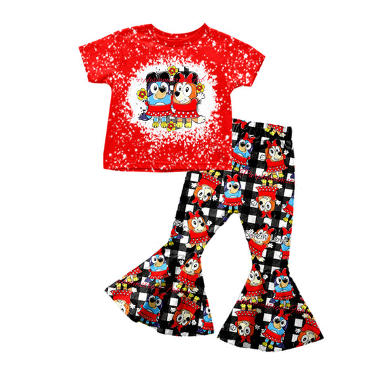(Custom Design Preorder MOQ 5) Red Flowers Cartoon Dog Print Girls Clothes Set