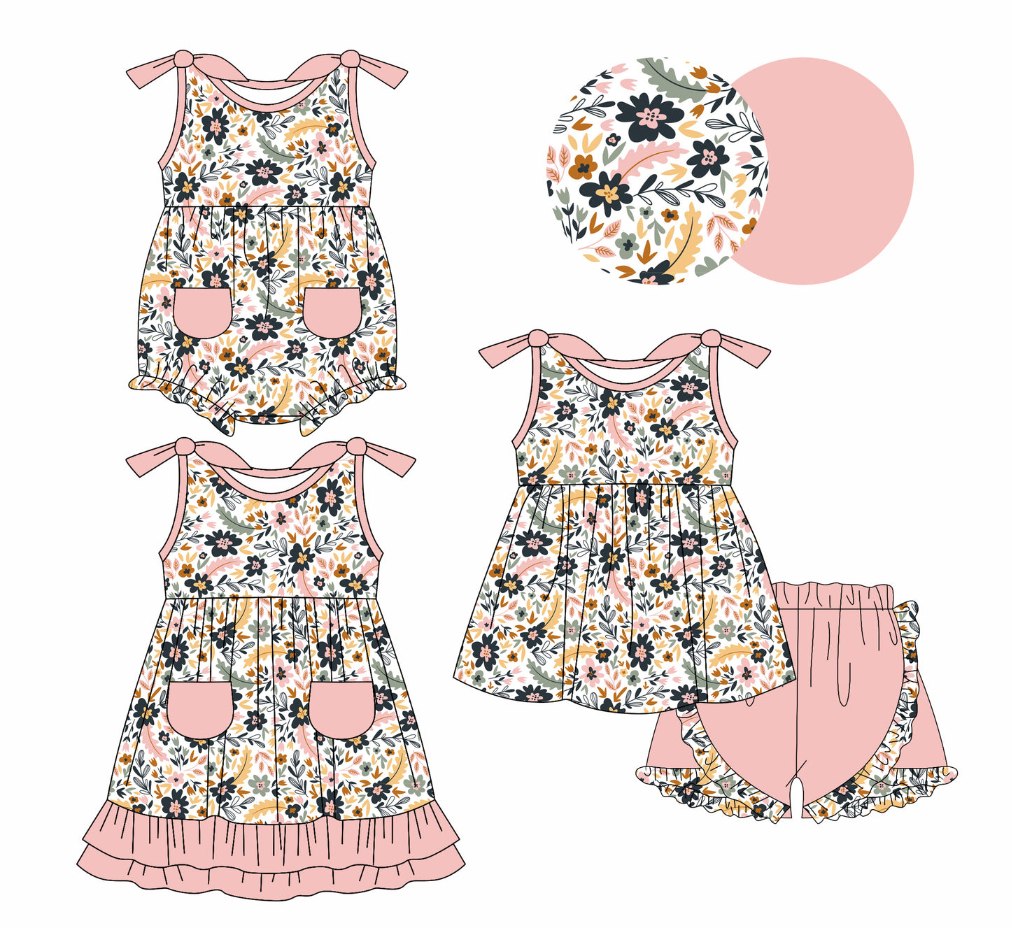 1.7(Custom Design Preorder MOQ 5 Each Design) Flowers Pink Print Girls Summer Matching Clothes Sisters Wear