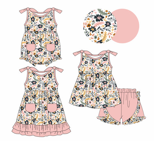 1.7(Custom Design Preorder MOQ 5 Each Design) Flowers Pink Print Girls Summer Matching Clothes Sisters Wear