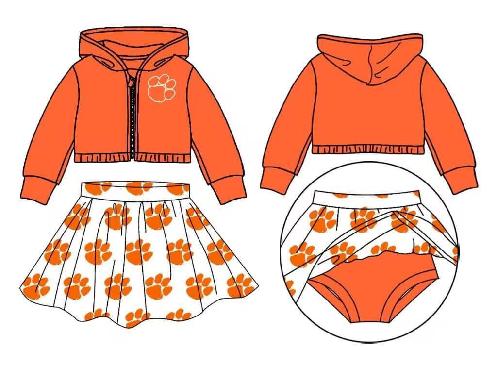 (Custom Design Preorder MOQ 3) Team's CLEMSON TIGERS Paw Orange Print Skirts With Shorts Girls Clothes Sets