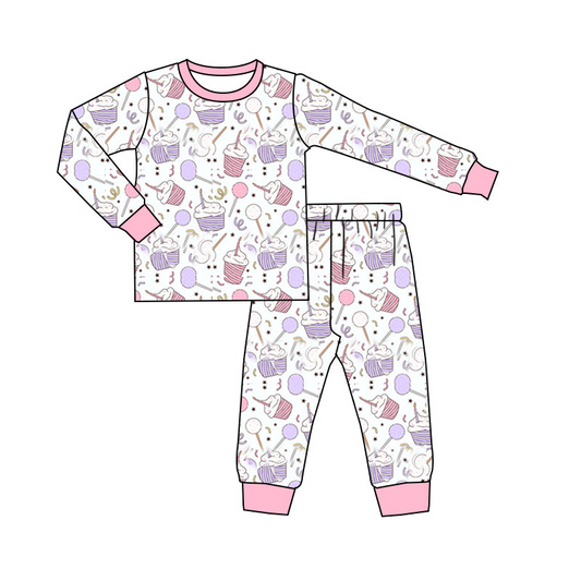 (Custom Design Preorder MOQ 5)  Cake Lollipop Print Girls Birthday Pajamas Clothes Set