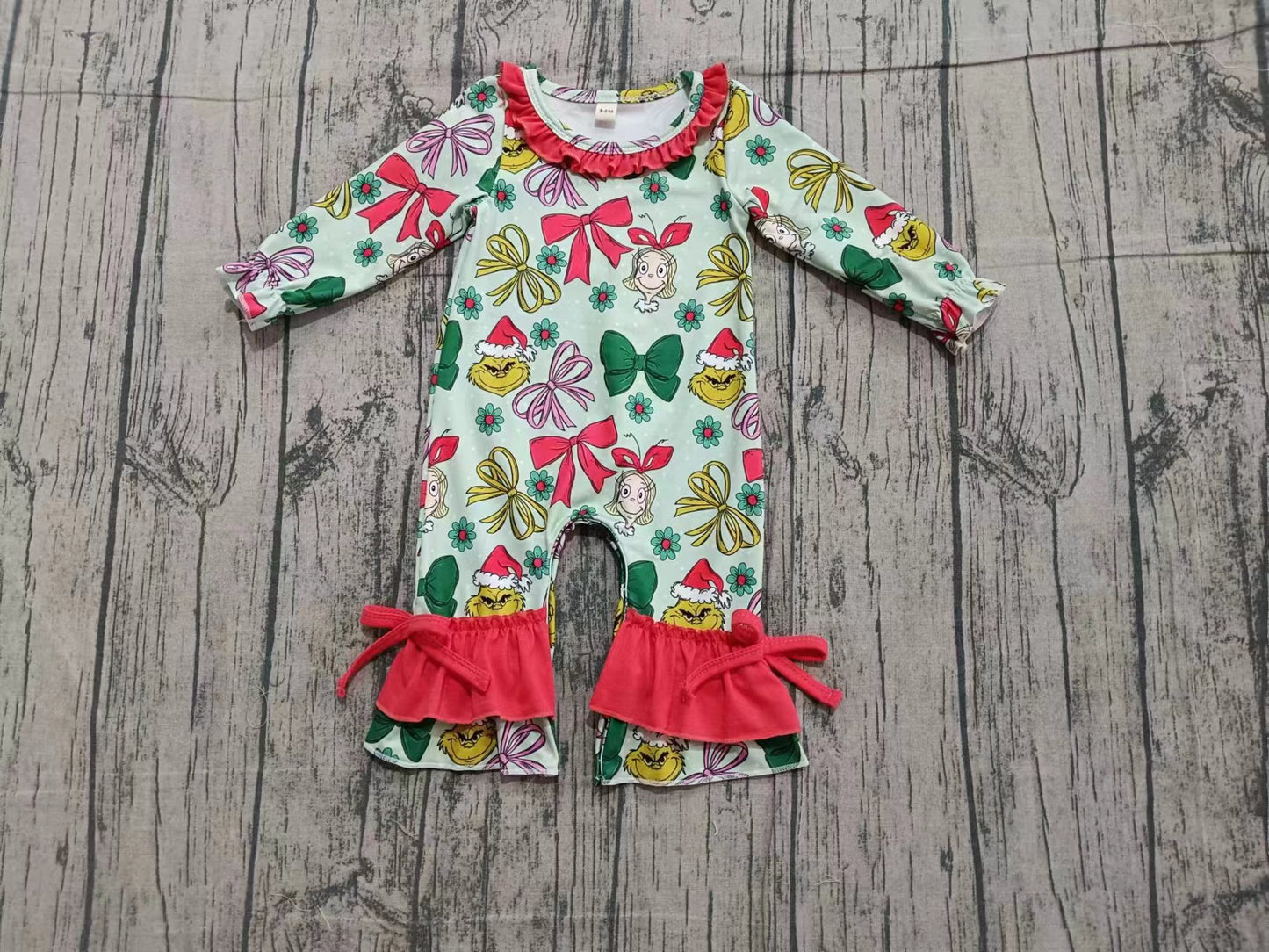(Custom Design Preorder MOQ 5) Green Frog Bows Flowers Print Baby Girls Christmas Romper