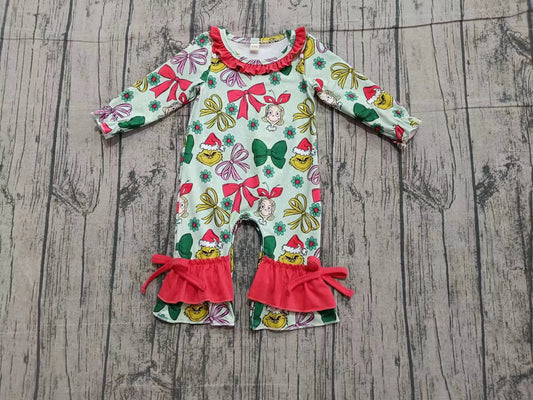 (Custom Design Preorder MOQ 5) Green Frog Bows Flowers Print Baby Girls Christmas Romper