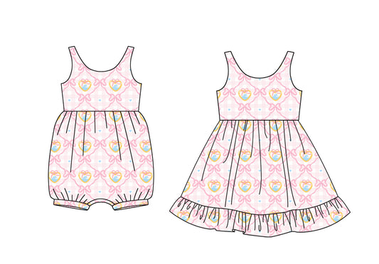 12.9 (Custom Design Preorder MOQ 5 Each Design) Hearts Bows Pink Plaid Print Girls Summer Matching Clothes Sisters Wear