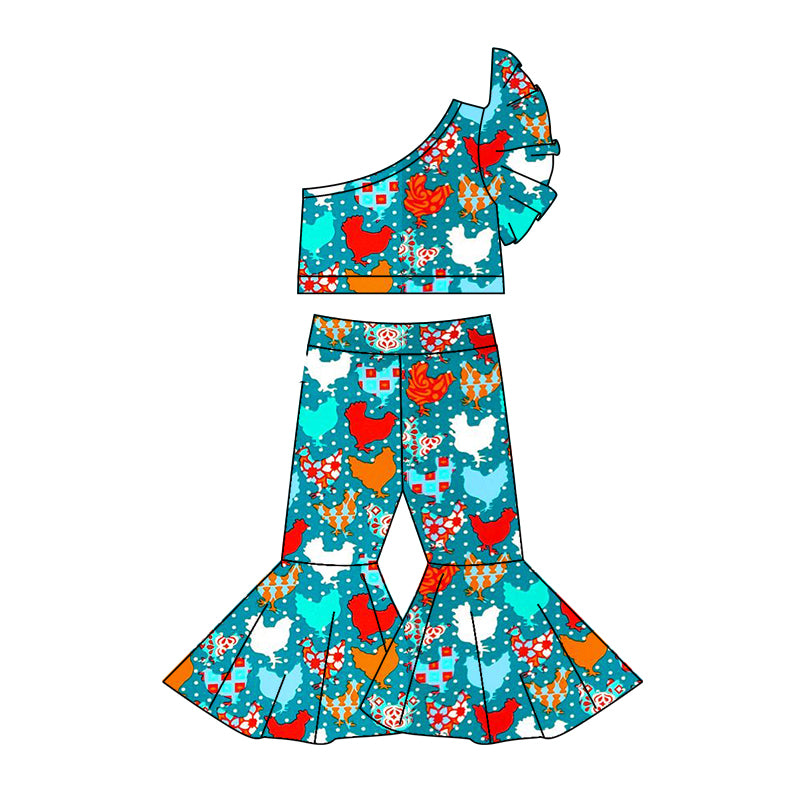 (Custom Design MOQ 5) Colorful Chicken Print One Shoulder Top Bell Pants Girls Clothes Set