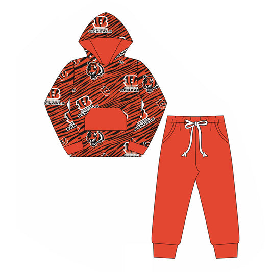 (Custom Design Preorder MOQ 5) Team's BENGALS Hoodie Top Orange Pants Boys Fall Clothes Set