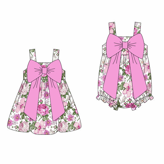 2.22(Custom Design Preorder MOQ 5 Each Design) Hot Pink Flowers Print Girls Summer Matching Clothes Sisters Wear