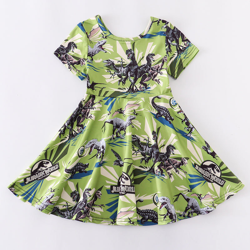 (Custom Design Preorder MOQ 5) Dino Print Girls Knee Length Dress