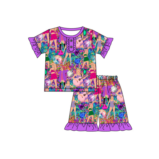 12.12(Custom Design Preorder MOQ 5) Singer Swiftie Purple Print Girls Summer Pajamas Clothes Set