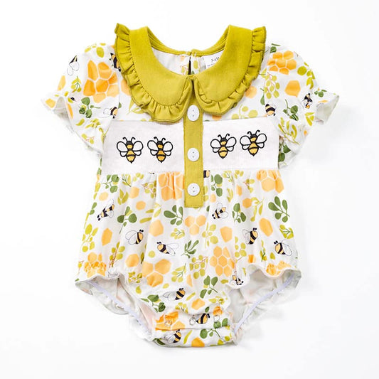 (Custom Design Preorder MOQ 5) Bee Flowers Print Baby Girls Summer Romper