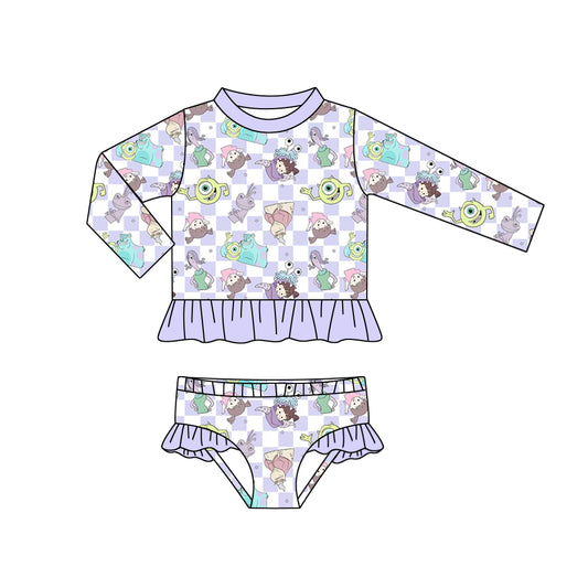 (Custom Design Preorder MOQ 5) Cartoon Monster Print Girls 2 Pieces Long Sleeve Swimsuits