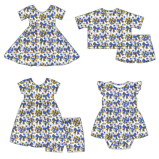 4.14(Custom Design Preorder MOQ 5 Each Design) Cheer Bows Stars Blue Print Girls Summer Matching Clothes Sisters Wear
