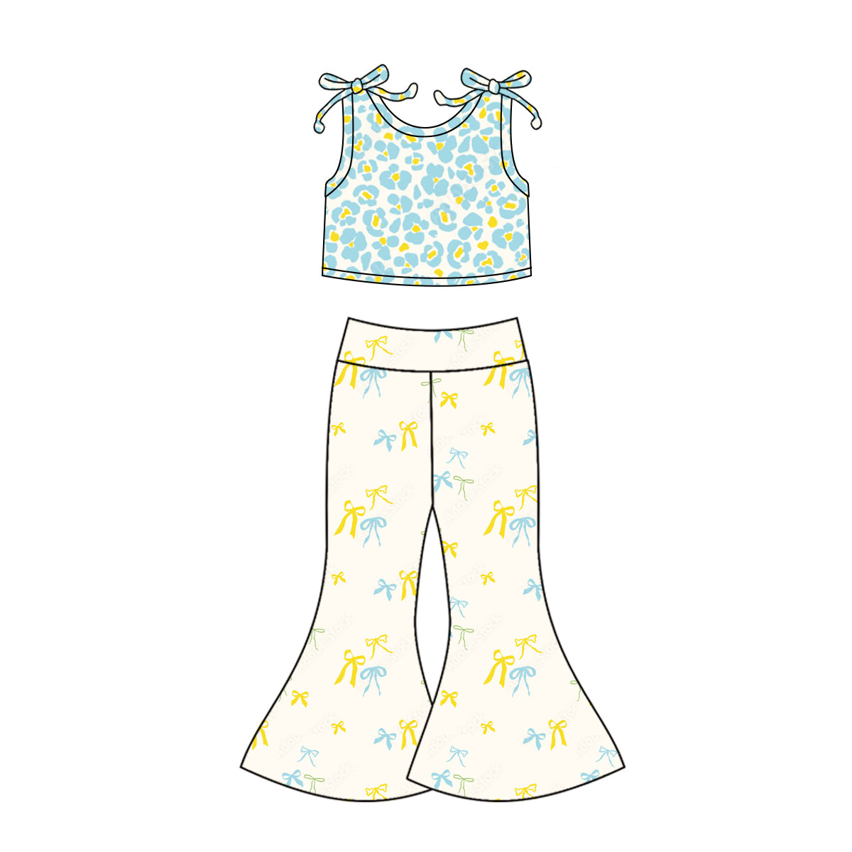 5.5(Custom Design Preorder MOQ 5) Leopard Crop Top Bows Bell Pants Girls Clothes Set