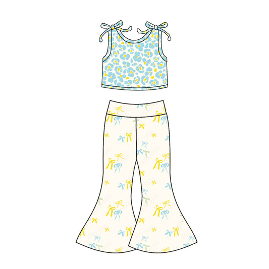 5.5(Custom Design Preorder MOQ 5) Leopard Crop Top Bows Bell Pants Girls Clothes Set