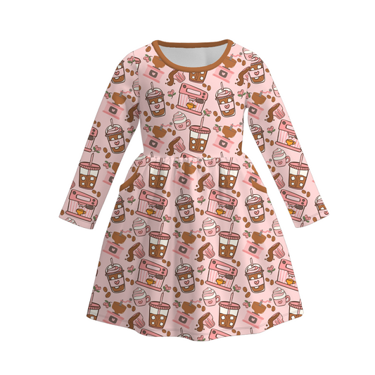 (Custom Design Preorder MOQ 5) Coffee Pink Print Girls Knee Length Fall Dress