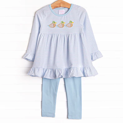 (Custom Design Preorder MOQ 5) Duck Stripes Tunic Top Blue Pants Girls Fall Clothes Set