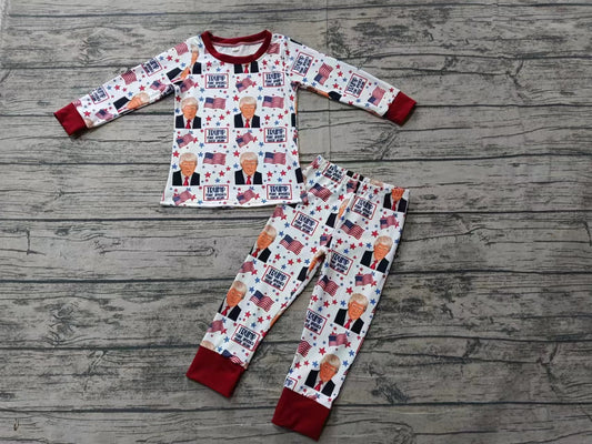 (Custom Design Preorder MOQ 3 ) Trump Flag Print Boys Pajamas Clothes Set