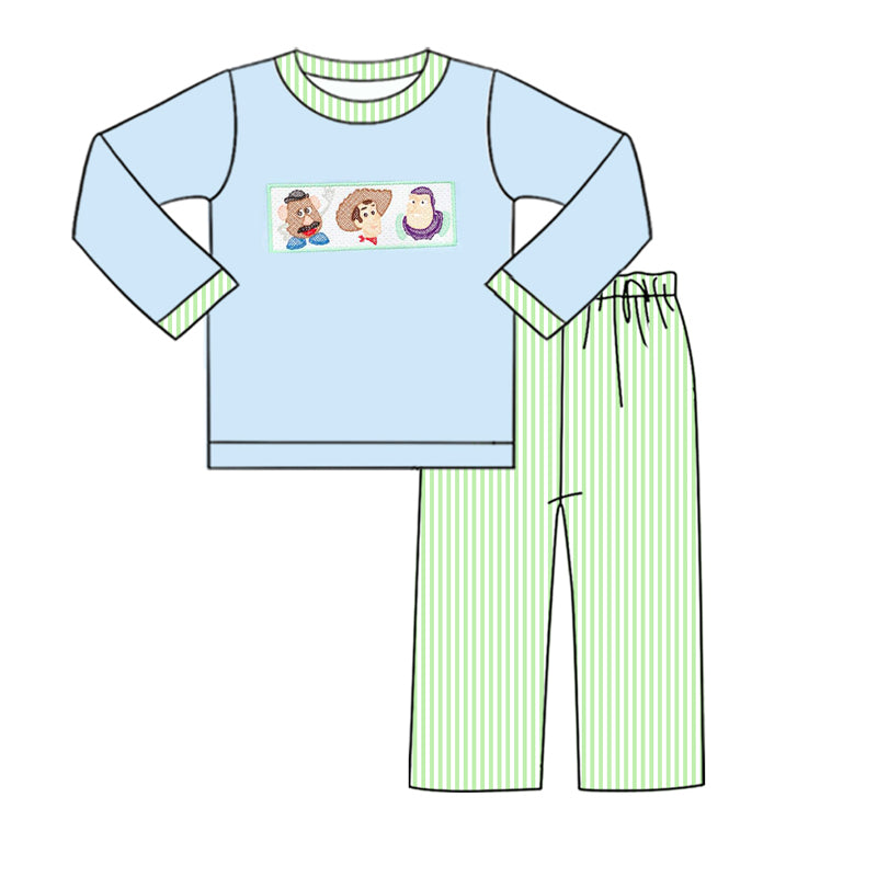 (Custom Design Preorder MOQ 5) Cartoon Toys Blue Top Plaid Pants Boys Fall Clothes Set