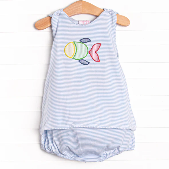 (Custom Design Preorder MOQ 5) Fish Stripes Print Baby Girls Summer Bummie Sets