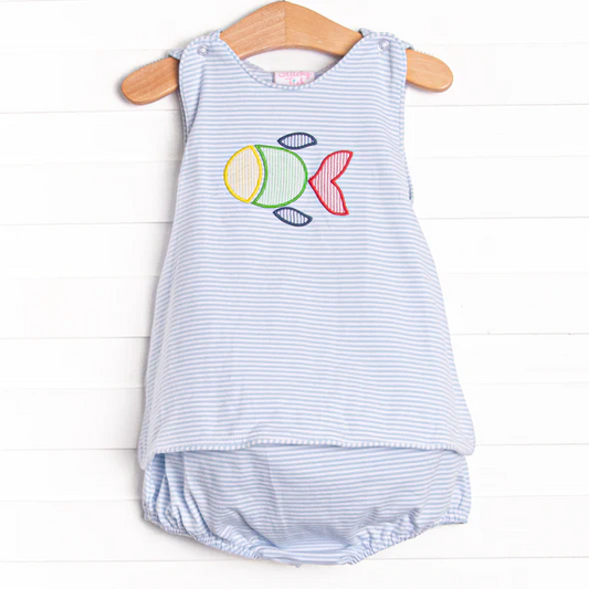 (Custom Design Preorder MOQ 5) Fish Stripes Print Baby Girls Summer Bummie Sets