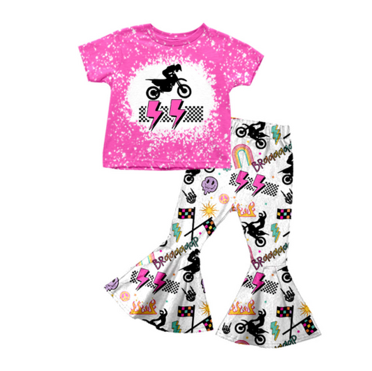 (Custom Design Preorder MOQ 5) Motorcycle Flash Print Bell Pants Girls Clothes Set