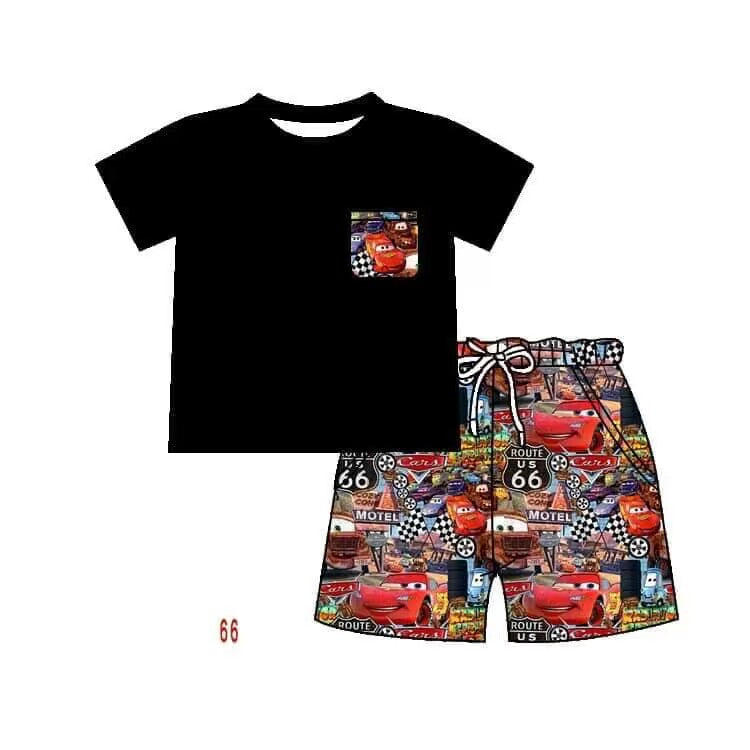 (Custom Design Preorder MOQ 5) Black Pocket Top Cartoon Cars Shorts Boys Summer Clothes Set