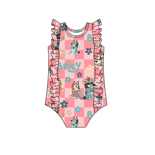 (Custom Design Preorder MOQ 5)  Cartoon Dog Pink Plaid Print Girls 1 Piece Swimsuits