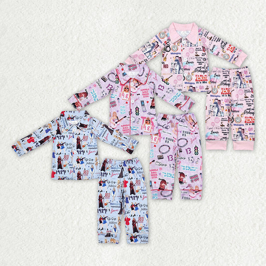 3 Colors Singer Swiftie Print Girls Fall Buttons Pajamas Clothes Set Sisters Wear