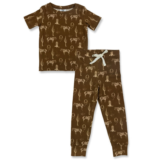 (Custom Design Preorder MOQ 5) Horse Boots Brown Print Kids Western Pajamas Clothes Set