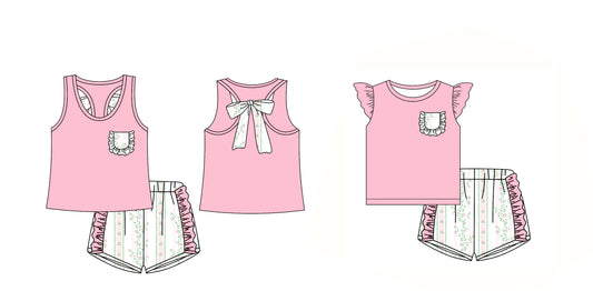 12.14(Custom Design Preorder MOQ 5 Each Design) Pink Top Flowers Shorts Girls Summer Matching Clothes Sisters Wear