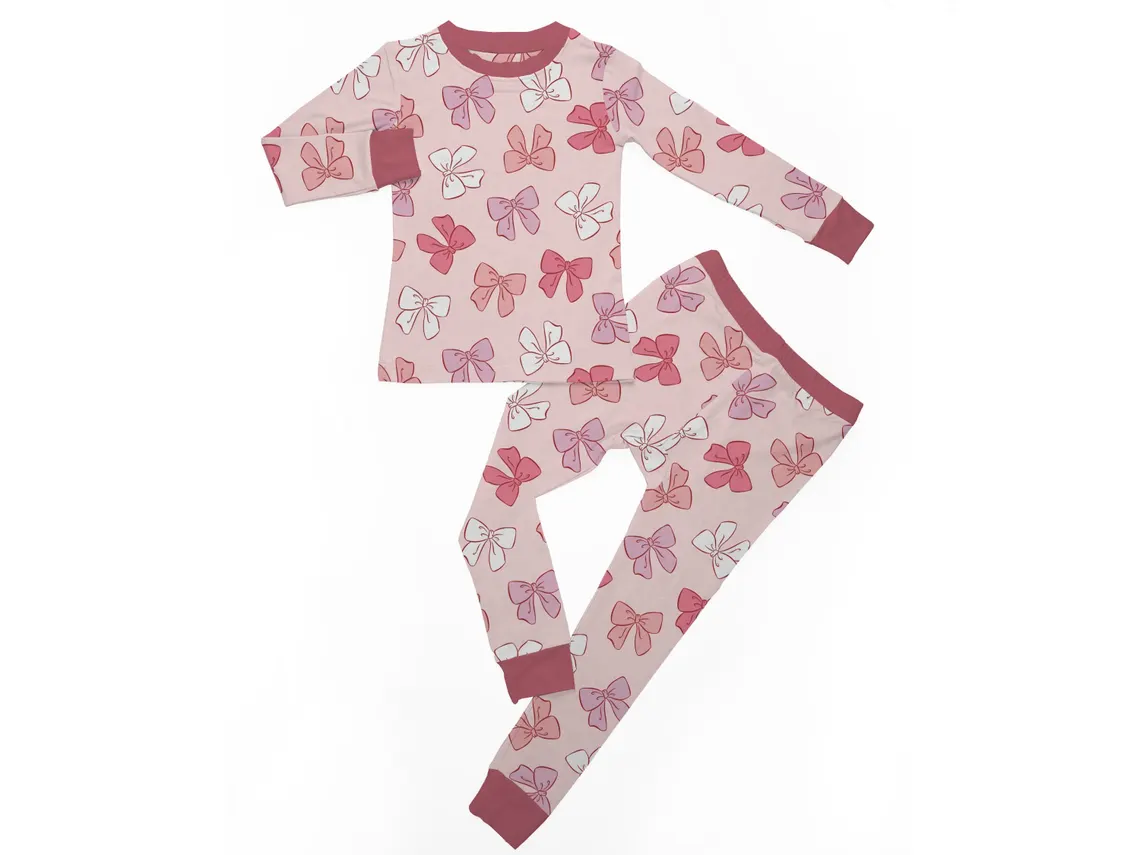 (Custom Design Preorder MOQ 5)  Bows Print Girls Fall Pajamas Bamboo Clothes Set