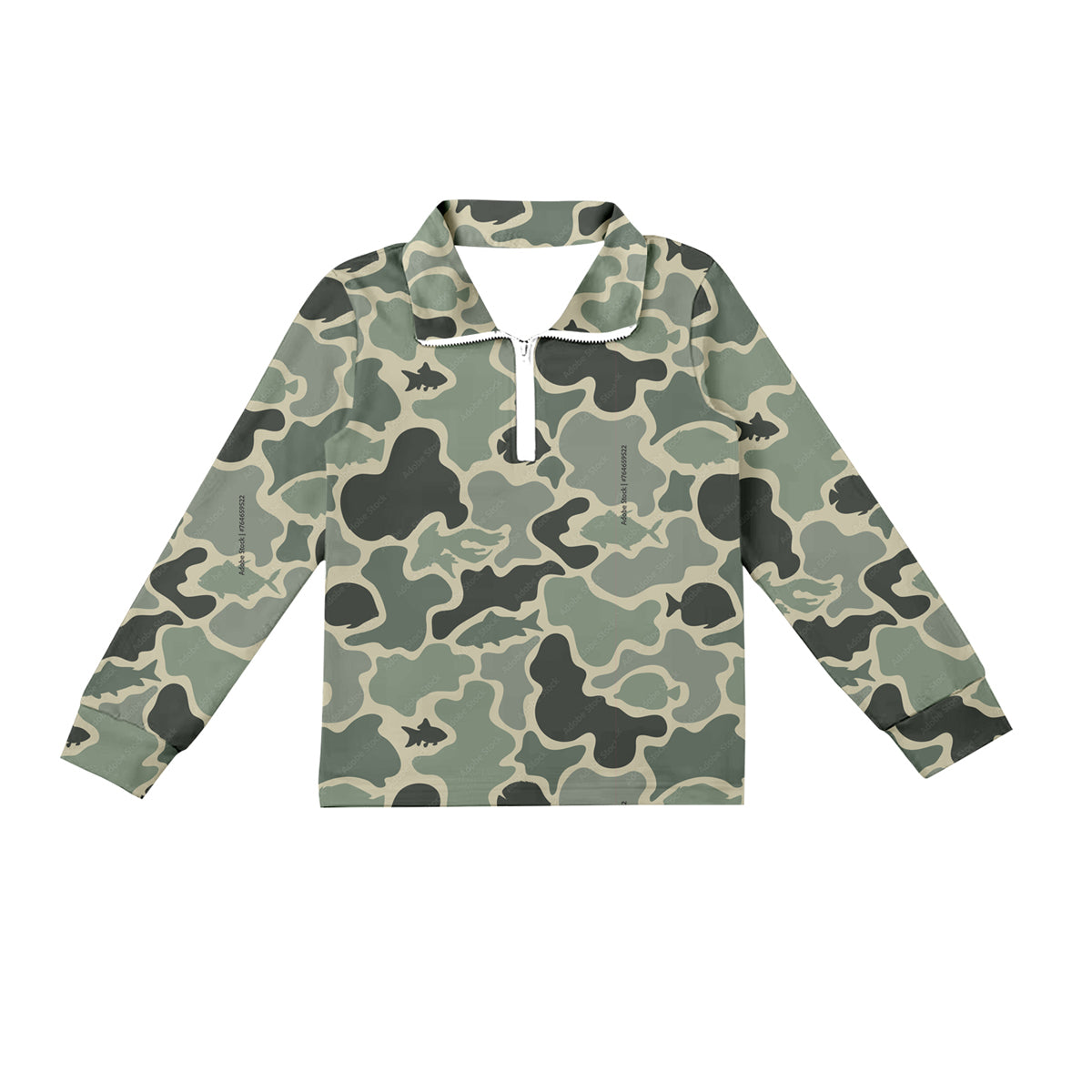 (Custom Design Preorder MOQ 5)  Green Camo Fish Print Kids Long Sleeve Zipper Tee Shirts Top