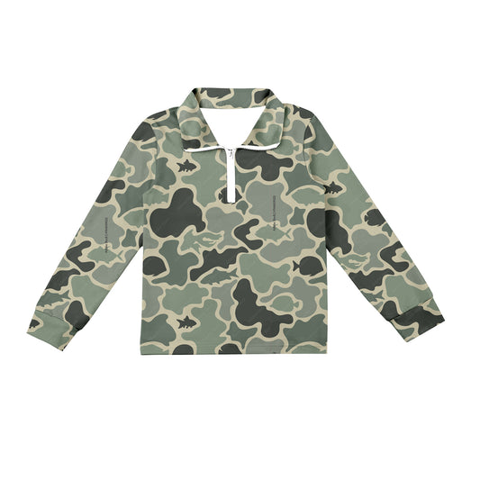 (Custom Design Preorder MOQ 5)  Green Camo Fish Print Kids Long Sleeve Zipper Tee Shirts Top