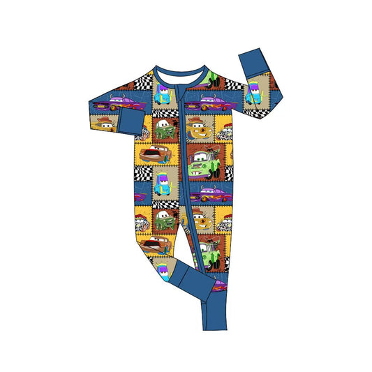 (Custom Design Preorder MOQ 5) Cartoon Cars Plaid Print Baby Boys Sleeper Zipper Romper