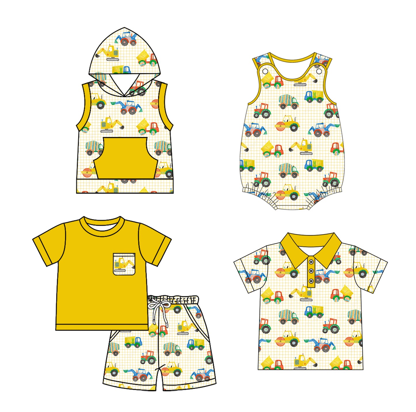 2.24(Custom Design Preorder MOQ 5 Each Design)  Construction Trucks Yellow Print Boys Summer Matching Clothes Brothers Wear