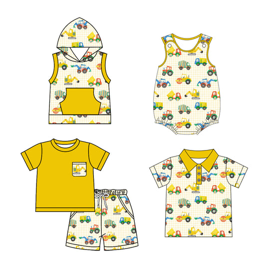 2.24(Custom Design Preorder MOQ 5 Each Design)  Construction Trucks Yellow Print Boys Summer Matching Clothes Brothers Wear