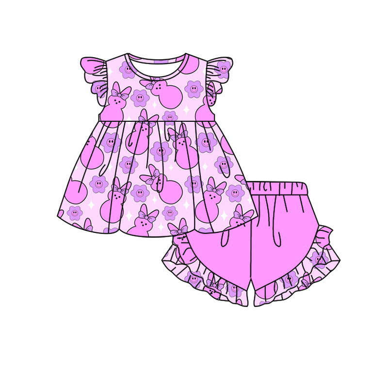 (Custom Design Preorder MOQ 5) Bunny Flowers Hotpink Top Ruffle Shorts Girls Easter Clothes Set