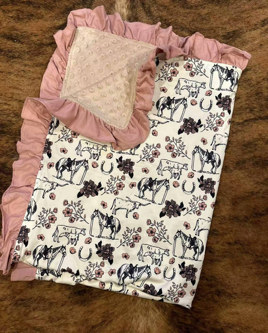 (Custom Design Preorder MOQ 5) Horse Flowers Print Baby Girls Western Minky Blanket