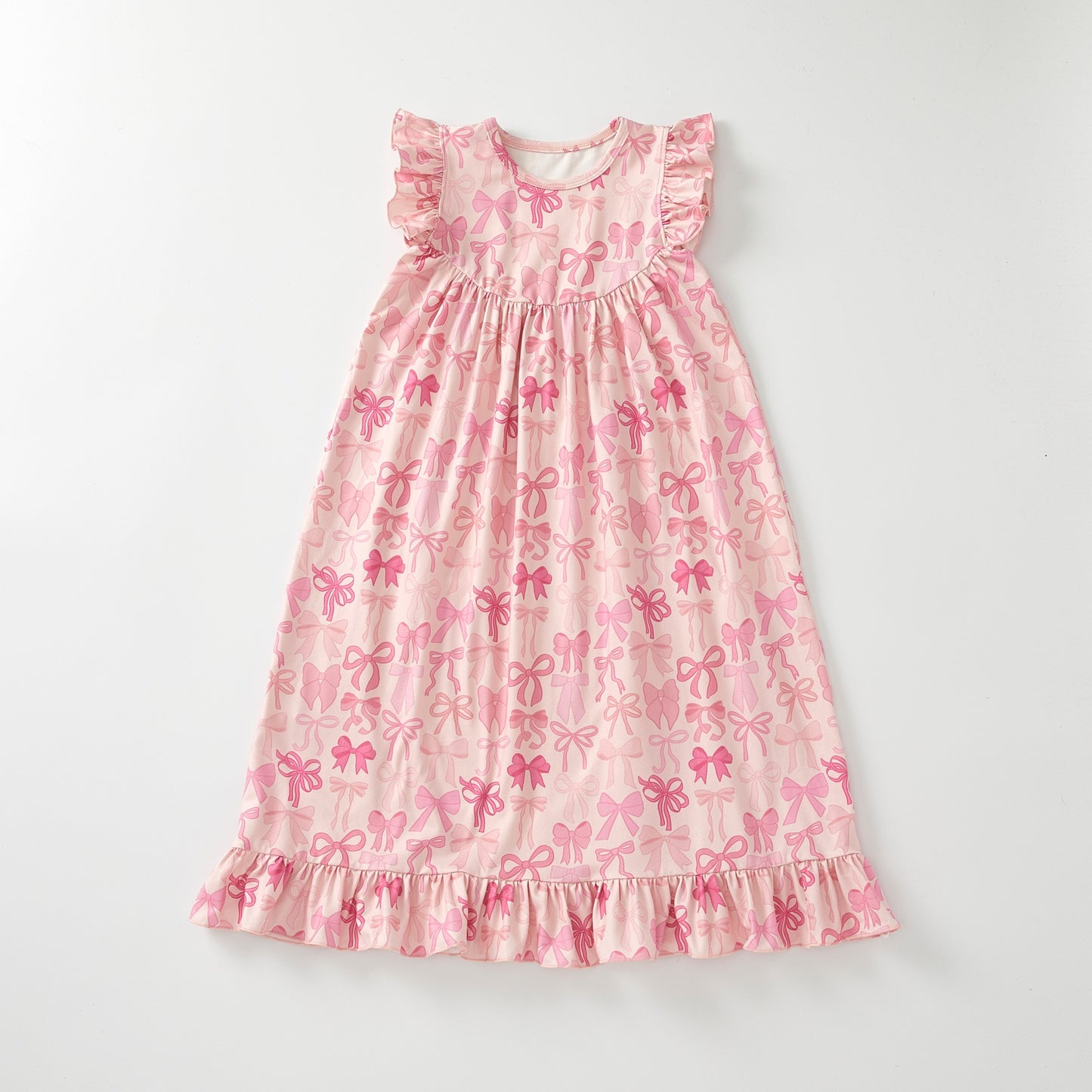 (Custom Design Preorder MOQ 5 ) Pink Bows Print Girls Summer Ankle Length Dress