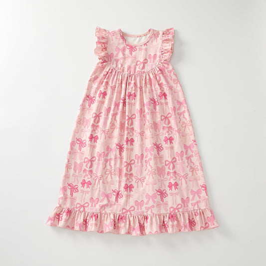 (Custom Design Preorder MOQ 5 ) Pink Bows Print Girls Summer Ankle Length Dress