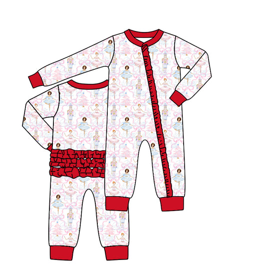 (Custom Design Preorder MOQ 5) Nutcracker Print Baby Girls Christmas Sleeper Zipper Romper