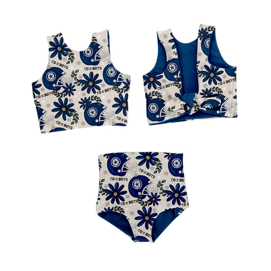 (Custom Design Preorder MOQ 5) Team's Cowboys Flowers Navy Print Girls 2 Pieces Swimsuits