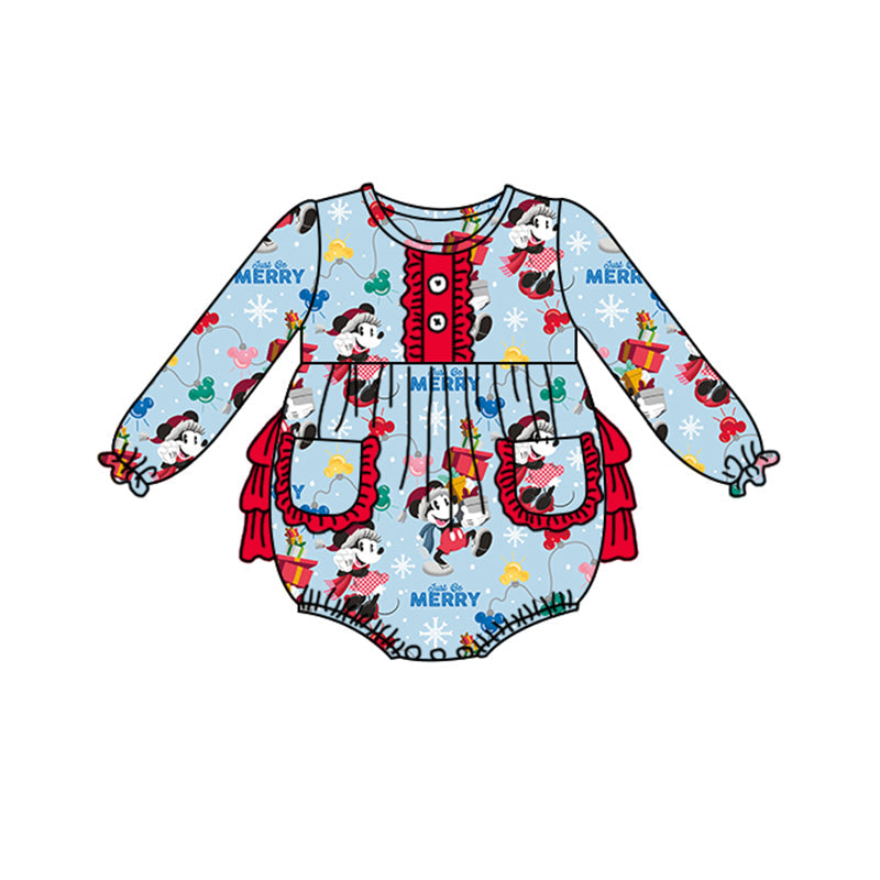 (Custom Design Preorder MOQ 5) Cartoon Mouse Blue Print Baby Girls Christmas Romper