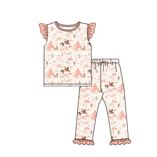 (Custom Design Preorder MOQ 5) Cowgirl Cactus Print Girls Western Pajamas Clothes Set