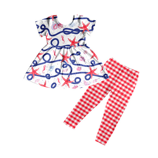 (Custom Design Preorder MOQ 5) Shells Print Tunic Top Red Plaid Legging Pants Girls 4th of July Clothes Set