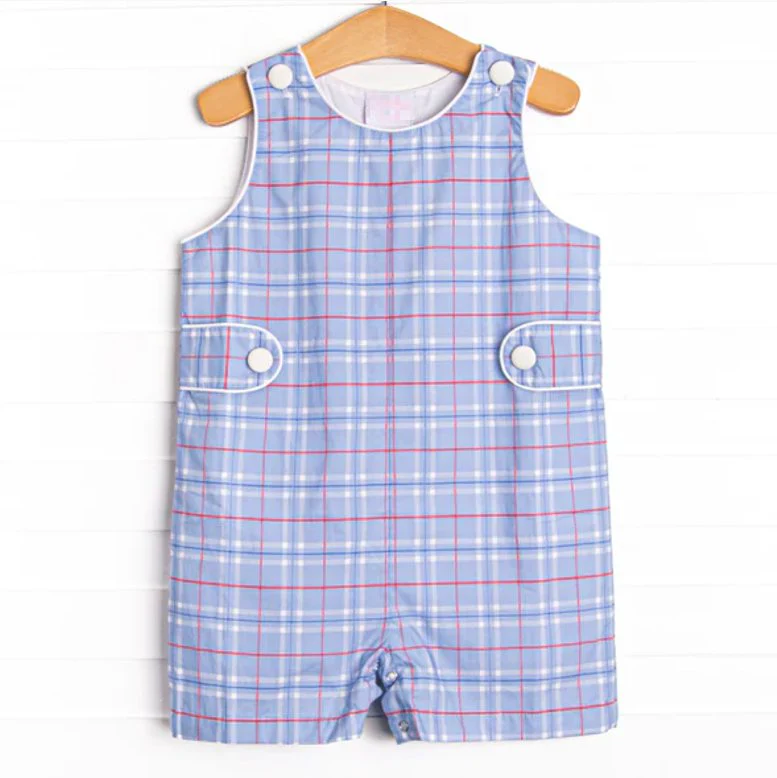 (Custom Design Preorder MOQ 5) Blue Plaid Print Baby Boys Romper