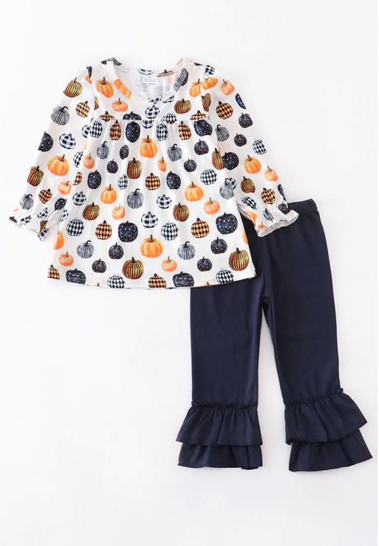 (Custom Design Preorder MOQ 5)  Pumpkin Tunic Top Navy Pants Girls Fall Clothes Set