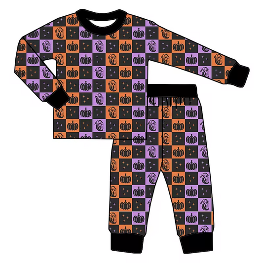 (Custom Design Preorder MOQ 5) Pumpkin Purple Orange Plaid Print Girls Halloween Pajamas Clothes Set
